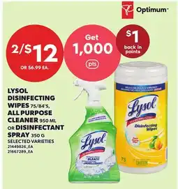 Loblaws LYSOL DISINFECTING WIPES, 75/84'S, ALL PURPOSE CLEANER, 950 ML OR DISINFECTANT SPRAY, 350 G offer