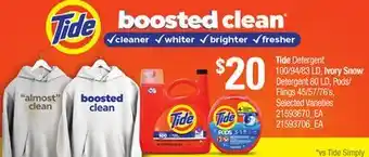 Loblaws TIDE DETERGENT 100/94/83 LD, IVORY SNOW DETERGENT 80 LD, PODS/ FLINGS 45/57/76'S offer
