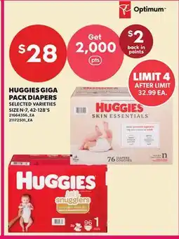 Loblaws HUGGIES GIGA PACK DIAPERS, SIZE 1-6, 72-128'S offer