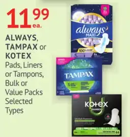 IDA Pharmacy ALWAYS, TAMPAX or KOTEX Pads, Liners or Tampons, Bulk or Value Packs offer