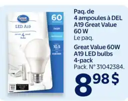 Walmart Great Value 60W A19 LED bulbs 4-pack offer