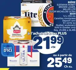 Marché Bonichoix SLEEMAN HONEY BROWN LAGER, MILLER LITE OR MICHELOB ULTRA BEER offer