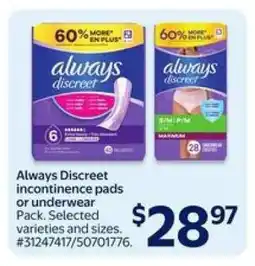 Walmart Always Discreet Incontinence Pads or Underwear offer
