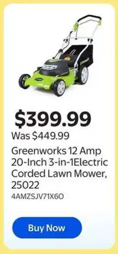 Walmart Greenworks 12 Amp 20-Inch 3-in-1 Electric Corded Lawn Mower, 25022 offer