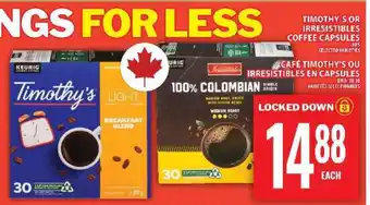 Food Basics TIMOTHY’S OR IRRESISTIBLES COFFEE CAPSULES offer