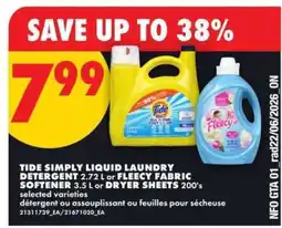 No Frills Tide Simply Liquid Laundry Detergent or Fleecy Fabric Softener or Dryer Sheets offer