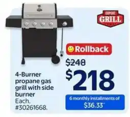 Walmart 4-Burner Propane Gas Grill with Side Burner offer