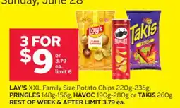 Rexall LAY'S XXL Family Size Potato Chips 220g-235g, PRINGLES 148g-156g, HAVOC 190g-280g or TAKIS 260g offer