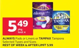 Rexall ALWAYS Pads or Liners or TAMPAX Tampons offer