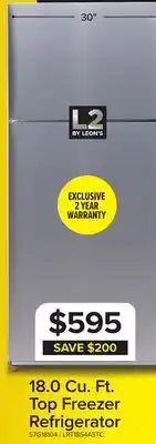 Leon's L2 29.5 18 Cu. Ft. Stainless Steel Top-Freezer Refrigerator - LRT18S4ASTC offer
