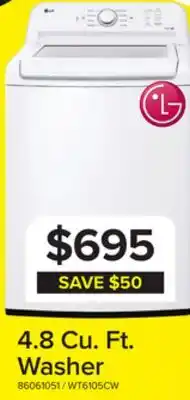 Leon's LG White Top Load Washer with Agitator and SlamProof Glass Lid (4.8 Cu. Ft) -WT6105CW offer