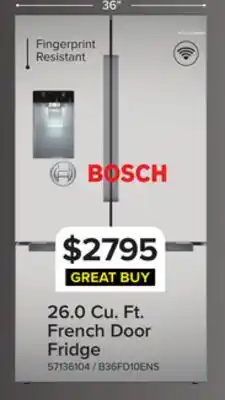 Leon's Bosch 35.5 26 Cu. Ft. Fingerprint Resistant Stainless Steel French Door Refrigerator - B36FD10ENS offer