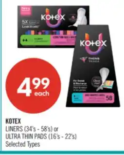 Shoppers Drug Mart KOTEX LINERS (34's - 58's) or ULTRA THIN PADS (16's - 22's) offer