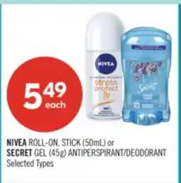Shoppers Drug Mart NIVEA ROLL-ON, STICK (50mL) or SECRET GEL (45g) ANTIPERSPIRANT/DEODORANT offer