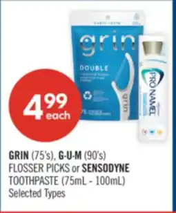 Shoppers Drug Mart GRIN (75's), G∙U∙M (90's) FLOSSER PICKS or SENSODYNE TOOTHPASTE (75mL - 100mL) offer