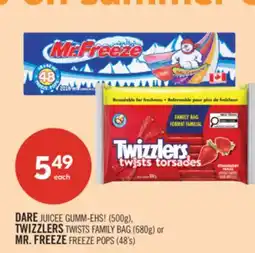 Shoppers Drug Mart DARE JUICEE GUMM-EHS! (500g), TWIZZLERS TWISTS FAMILY BAG (680g) or MR. FREEZE FREEZE POPS (48's) offer