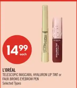 Shoppers Drug Mart L'ORÉAL TELESCOPIC MASCARA, HYALURON LIP TINT or FAUX BROWS EYEBROW PEN offer
