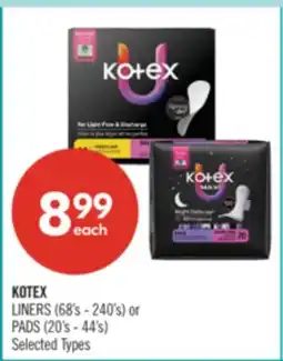 Shoppers Drug Mart KOTEX LINERS (68's - 240's) or PADS (20's - 44's) offer