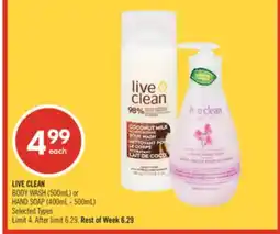 Shoppers Drug Mart LIVE CLEAN BODY WASH (500mL) or HAND SOAP (400mL - 500mL) offer