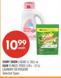 Shoppers Drug Mart IVORY SNOW LIQUID (1.36L) or GAIN FLINGS! PODS (18's - 31's) LAUNDRY DETERGENT offer