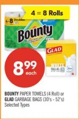 Shoppers Drug Mart BOUNTY PAPER TOWELS (4 Roll) or GLAD GARBAGE BAGS (30's - 52's) offer