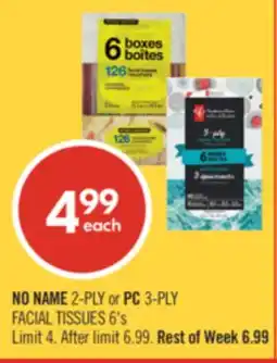 Shoppers Drug Mart NO NAME 2-PLY or PC 3-PLY FACIAL TISSUES 6's offer