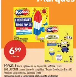 Pharmaprix POPSICLE Ice Pops (18), MINIONS or BOB L'ÉPONGE Frozen Confection Bars (6) offer