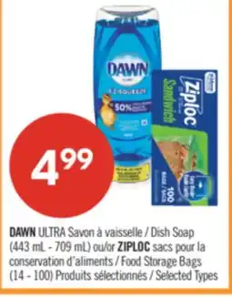 Pharmaprix DAWN ULTRA Dish Soap (443 mL - 709 mL) or ZIPLOC Food Storage Bags (14 - 100) offer
