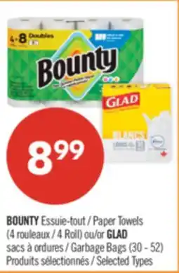 Pharmaprix BOUNTY Paper Towels (4 Roll) or GLAD Garbage Bags (30 - 52) offer