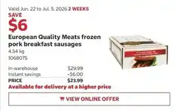 Costco European Quality Meats frozen pork breakfast sausages offer