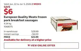 Costco European Quality Meats frozen pork breakfast sausages offer