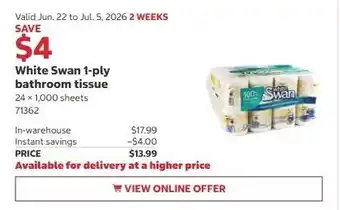 Costco White Swan 1-ply bathroom tissue offer