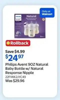 Walmart Philips Avent 9OZ Natural Baby Bottle w/ Natural Response Nipple offer