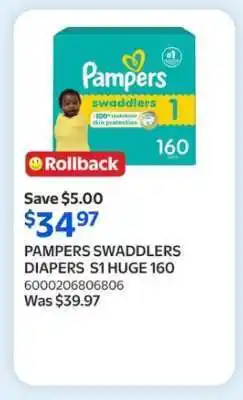 Walmart PAMPERS SWADDLERS DIAPERS S1 HUGE 160 offer