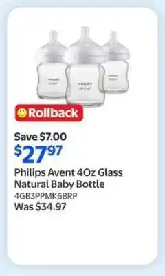 Walmart Philips Avent 4Oz Glass Natural Baby Bottle offer