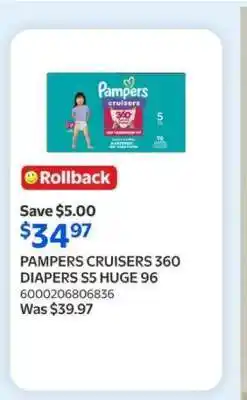 Walmart PAMPERS CRUISERS 360 DIAPERS S5 HUGE 96 offer