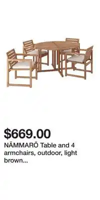 IKEA NÄMMARÖ Table and 4 armchairs, outdoor, light brown stained/Frösön/Duvholmen beige offer