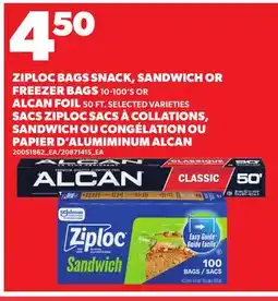 Independent Grocer ZIPLOC BAGS SNACK, SANDWICH OR FREEZER BAGS, 10-100'S OR ALCAN FOIL, 50 FT offer