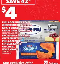 Independent Grocer PHILADELPHIA CREAM CHEESE OR DIPS, 227/250G, KRAFT SINGLES, 410 G OR KRAFT CHEEZ WHIZ, 450G offer