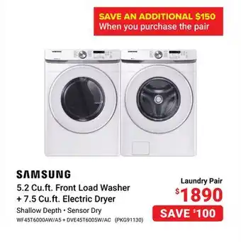 Visions Electronics SAMSUNG 5.2 Cu.ft. Front Load Washer + 7.5 Cu.ft. Electric Dryer offer
