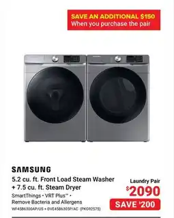 Visions Electronics SAMSUNG 5.2 cu. ft. Front Load Steam Washer + 7.5 cu. ft. Steam Dryer offer