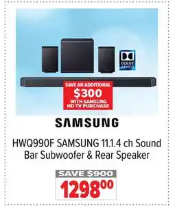 2001 Audio Video HWQ990F SAMSUNG 11.1.4 ch Sound Bar Subwoofer & Rear Speaker offer