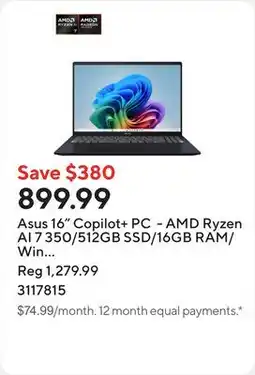 Staples Asus 16 Copilot+ PC - AMD Ryzen AI 7 350/512GB SSD/16GB RAM/Win 11 Home offer