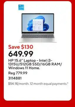 Staples HP 15.6 Laptop - Intel i3-1315U/512GB SSD/16GB RAM/Windows 11 Home offer