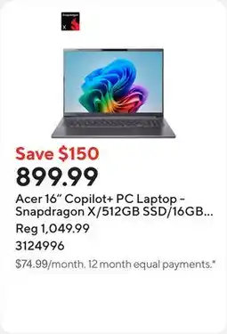 Staples Acer 16 Copilot+ PC Laptop - Snapdragon X/512GB SSD/16GB RAM/Windows 11 offer
