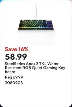 Staples SteelSeries Apex 3 TKL Water Resistant RGB Quiet Gaming Keyboard offer