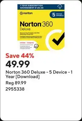 Staples Norton 360 Deluxe - 5 Device - 1 Year [Download] offer