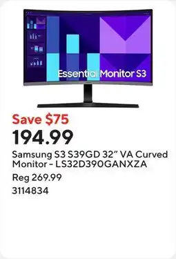 Staples Samsung S3 S39GD 32 VA Curved Monitor - LS32D390GANXZA offer