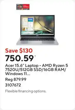 Staples Acer 15.6 Laptop - AMD Ryzen 5 7520U/512GB SSD/16GB RAM/Windows 11 Home offer