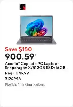 Staples Acer 16 Copilot+ PC Laptop - Snapdragon X/512GB SSD/16GB RAM/Windows 11 offer